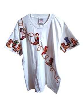 NWT Vintage Handpanted Glitter Cowgirl T-shirt 1990's Oneita White Boot Sequins